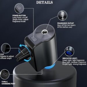 TANMASHI Smart Car Aroma Diffuser, Ambient LED Lighting, Three Mood-Enhancing Essential Oils, USB-Powered Diffuser, Long Lasting Fragrance