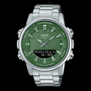 CasioTurquoise Dial Men Watch, Stainless Steel Watch With Dual Analog & Digital Display, Multiple Alarm Functions (AL1 & AL2), Day & Date Display